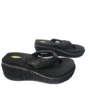 Volatile Sandals Womens Size 7 Solid Black Wedge Animal Pattern Slide On Thong